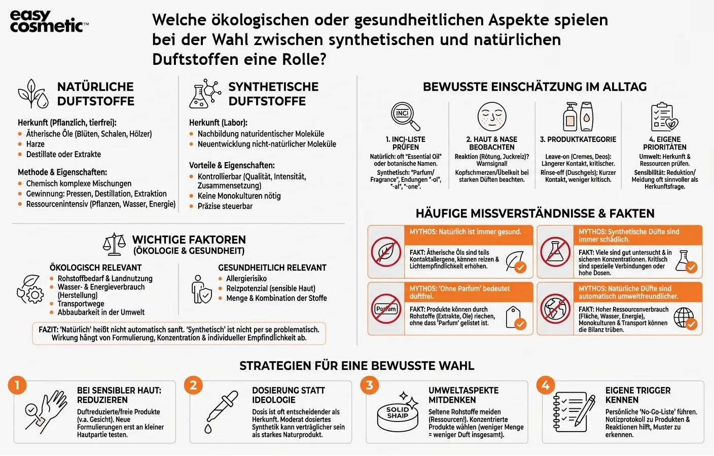 Welche ökologischen oder gesundheitlichen Aspekte spielen bei der Wahl zwischen synthetischen und natürlichen Duftstoffen eine Rolle?
