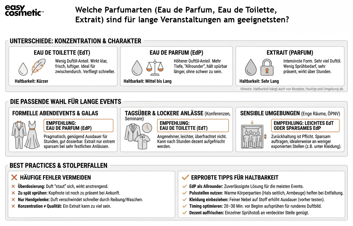Welche Parfumarten (Eau de Parfum, Eau de Toilette, Extrait) sind für lange Veranstaltungen am geeignetsten?