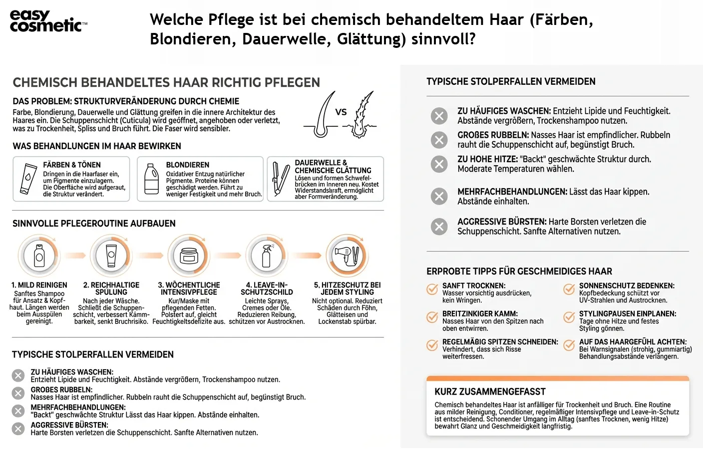 Welche Pflege ist bei chemisch behandeltem Haar (Färben, Blondieren, Dauerwelle, Glättung) sinnvoll?