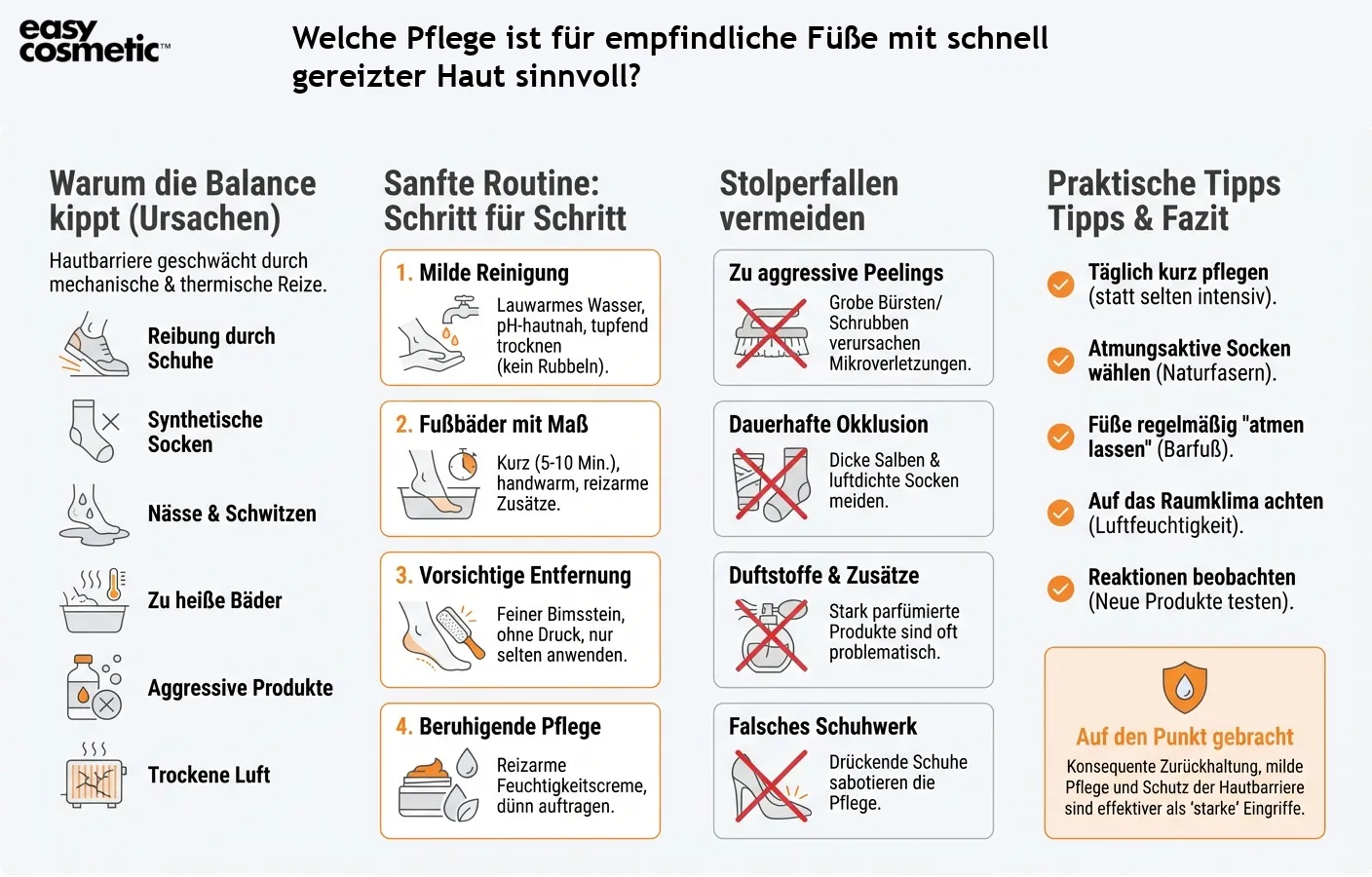 Welche Pflege ist für empfindliche Füße mit schnell gereizter Haut sinnvoll?