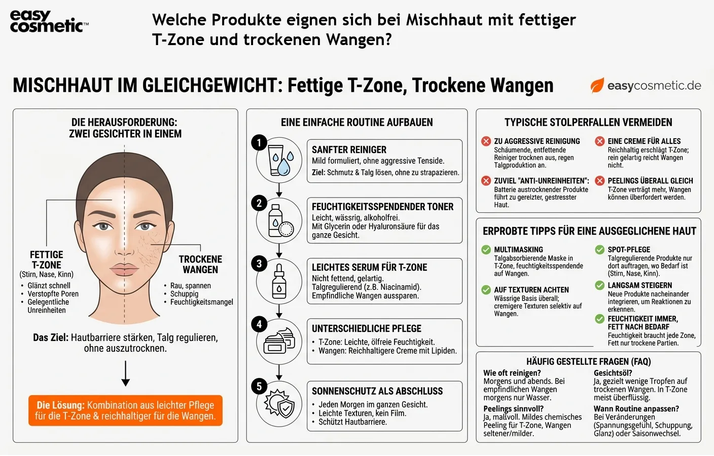 Welche Produkte eignen sich bei Mischhaut mit fettiger T-Zone und trockenen Wangen?