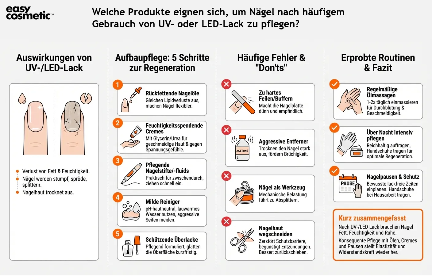 Welche Produkte eignen sich, um Nägel nach häufigem Gebrauch von UV- oder LED-Lack zu pflegen?