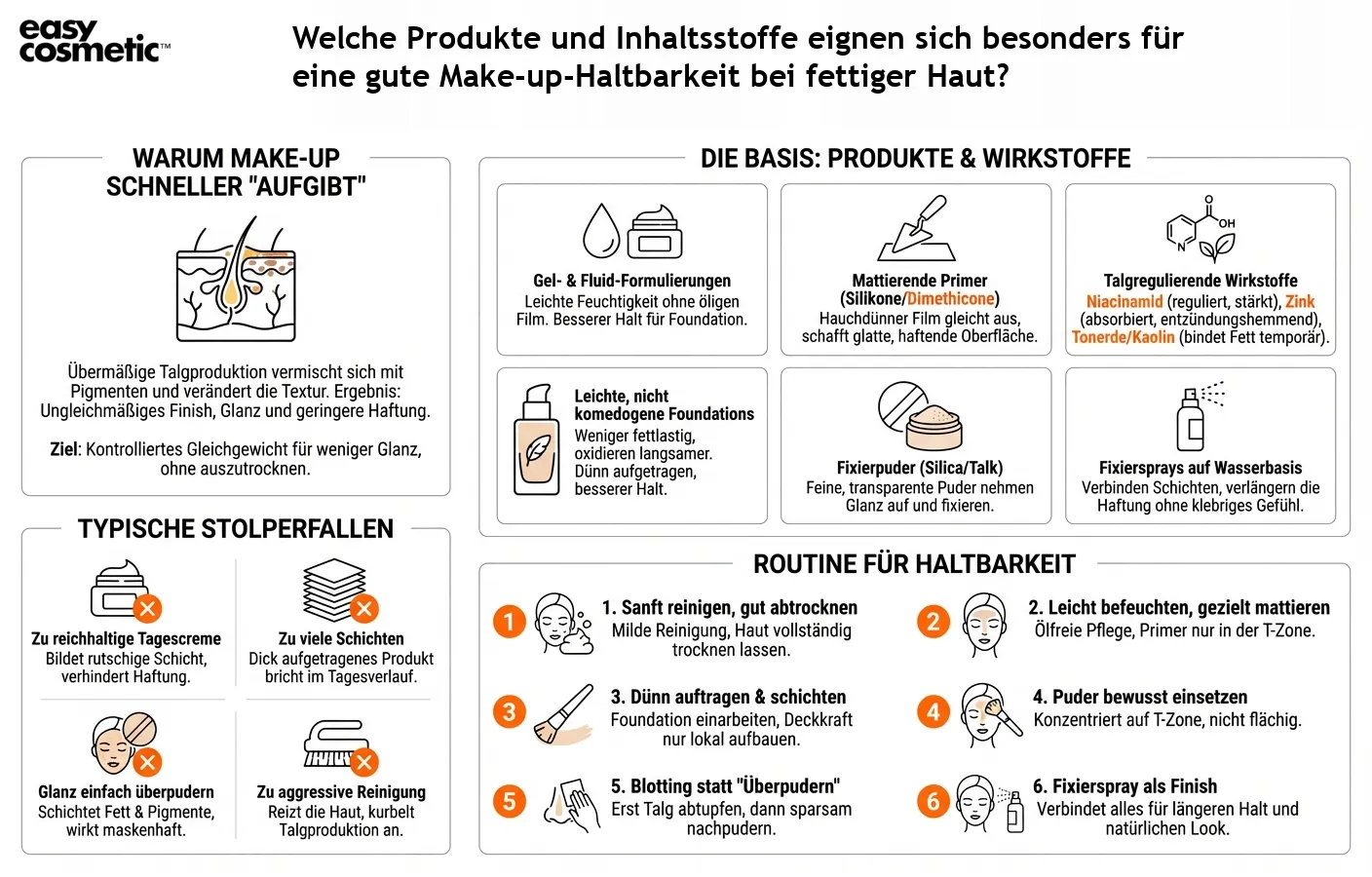 Welche Produkte und Inhaltsstoffe eignen sich besonders für eine gute Make-up-Haltbarkeit bei fettiger Haut?