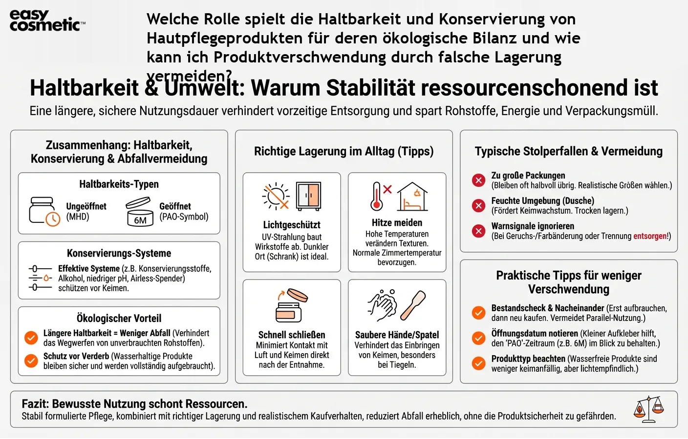 Welche Rolle spielt die Haltbarkeit und Konservierung von Hautpflegeprodukten für deren ökologische Bilanz und wie kann ich Produktverschwendung durch falsche Lagerung vermeiden?