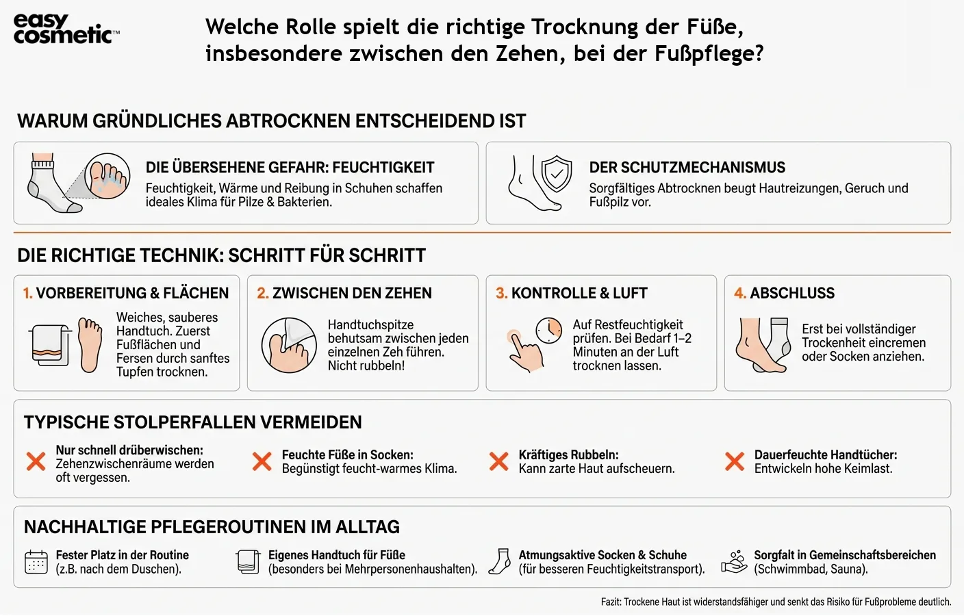 Welche Rolle spielt die richtige Trocknung der Füße, insbesondere zwischen den Zehen, bei der Fußpflege?