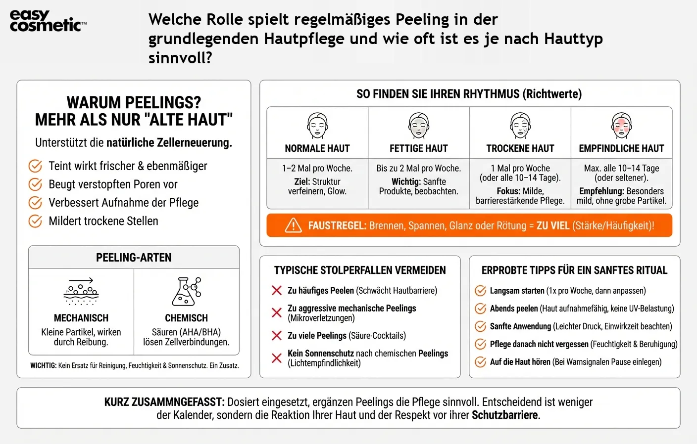 Welche Rolle spielt regelmäßiges Peeling in der grundlegenden Hautpflege und wie oft ist es je nach Hauttyp sinnvoll?