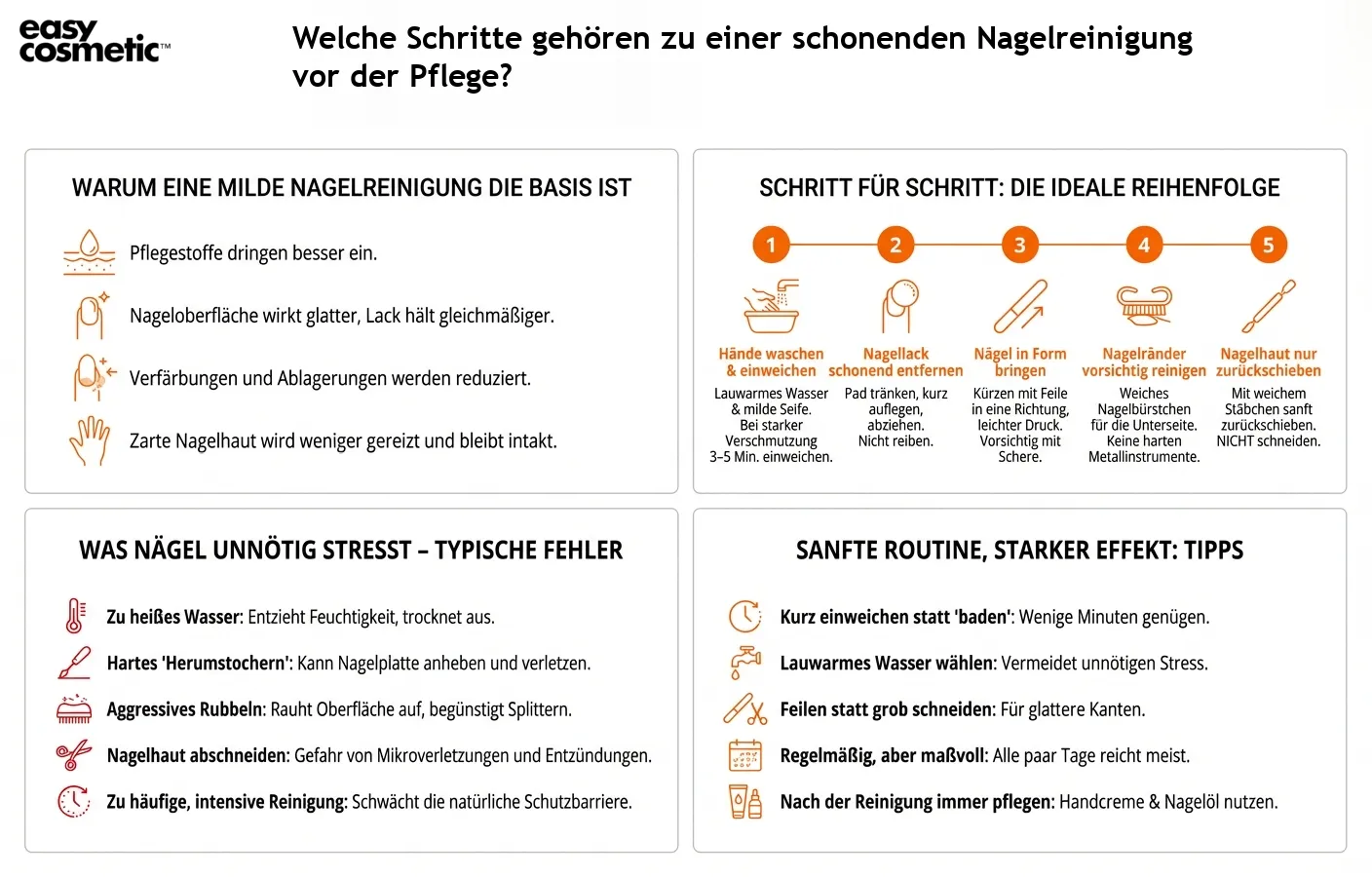 Welche Schritte gehören zu einer schonenden Nagelreinigung vor der Pflege?