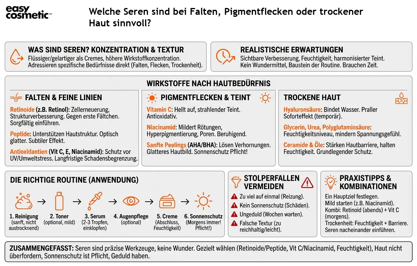 Welche Seren sind bei Falten, Pigmentflecken oder trockener Haut sinnvoll?