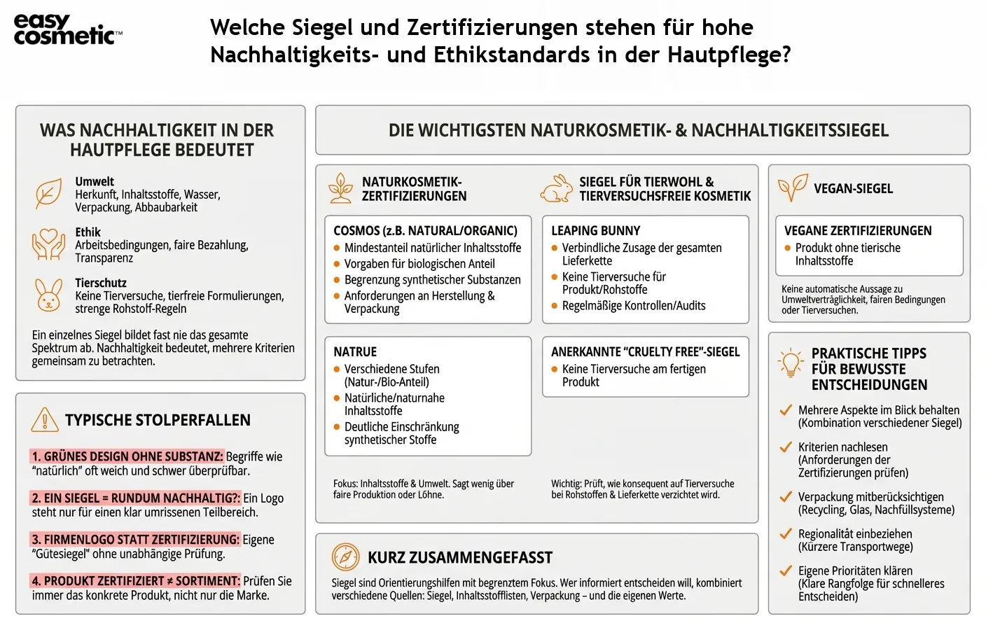 Welche Siegel und Zertifizierungen stehen für hohe Nachhaltigkeits- und Ethikstandards in der Hautpflege?