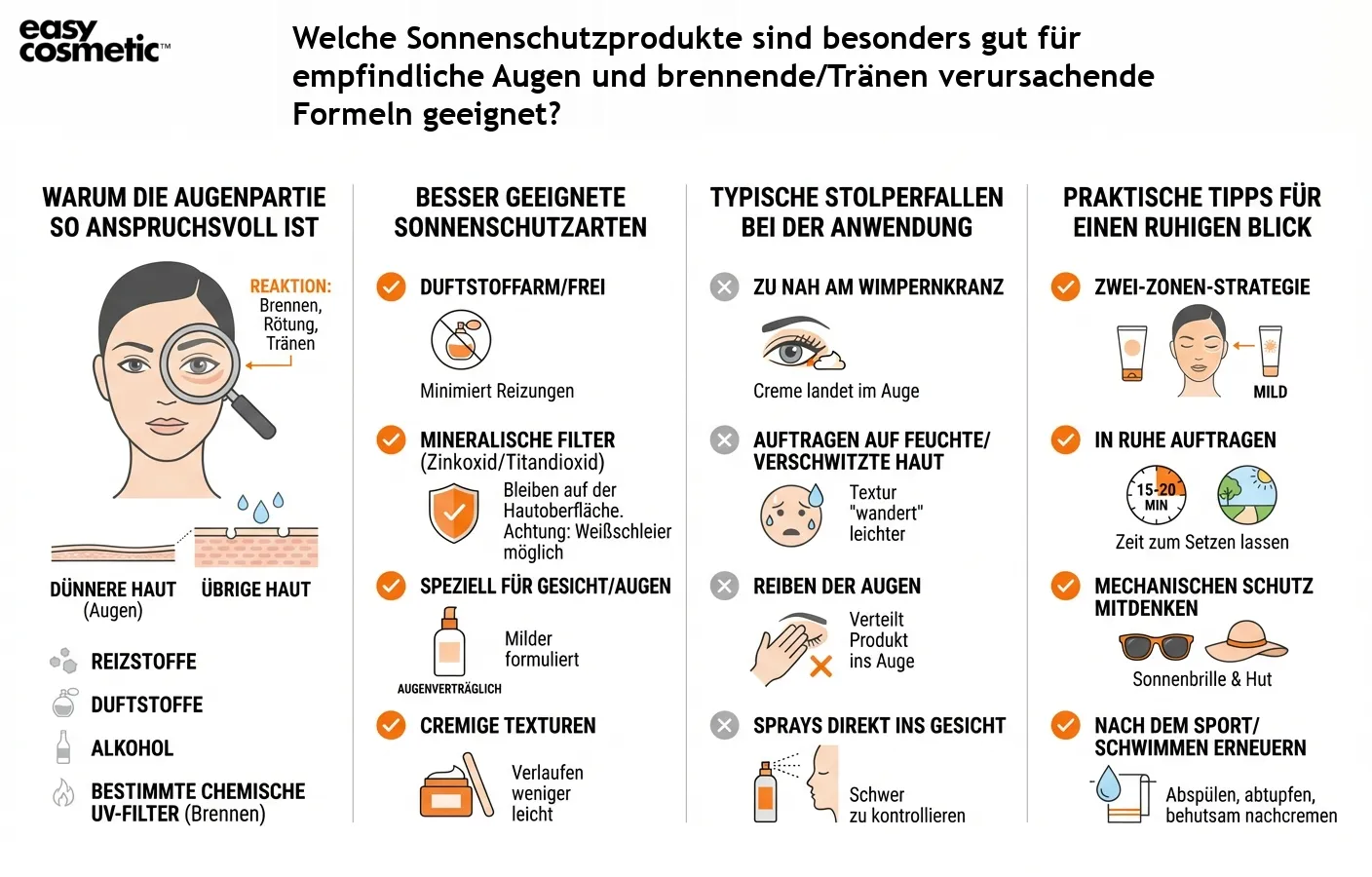 Welche Sonnenschutzprodukte sind besonders gut für empfindliche Augen und brennende/Tränen verursachende Formeln geeignet?