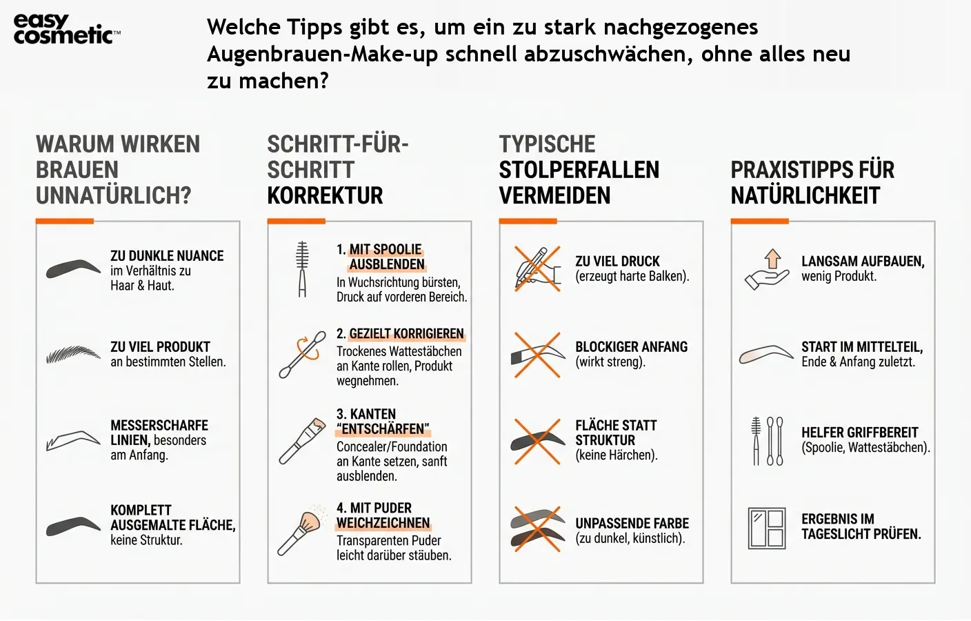Welche Tipps gibt es, um ein zu stark nachgezogenes Augenbrauen-Make-up schnell abzuschwächen, ohne alles neu zu machen?
