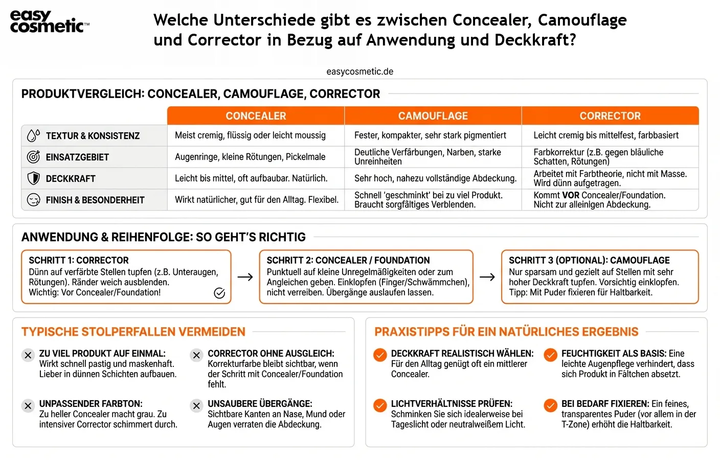 Welche Unterschiede gibt es zwischen Concealer, Camouflage und Corrector in Bezug auf Anwendung und Deckkraft?