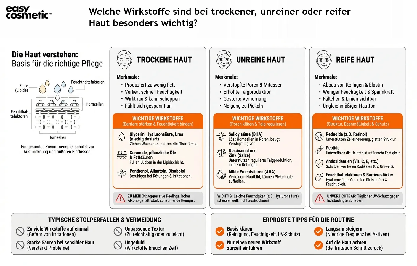 Welche Wirkstoffe sind bei trockener, unreiner oder reifer Haut besonders wichtig?