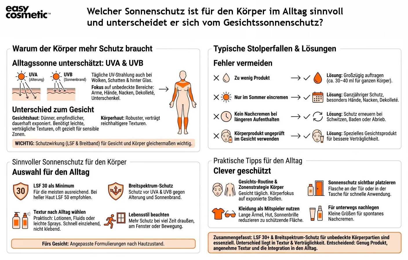 Welcher Sonnenschutz ist für den Körper im Alltag sinnvoll und unterscheidet er sich vom Gesichtssonnenschutz?