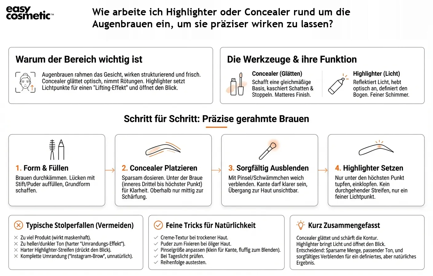 Wie arbeite ich Highlighter oder Concealer rund um die Augenbrauen ein, um sie präziser wirken zu lassen?