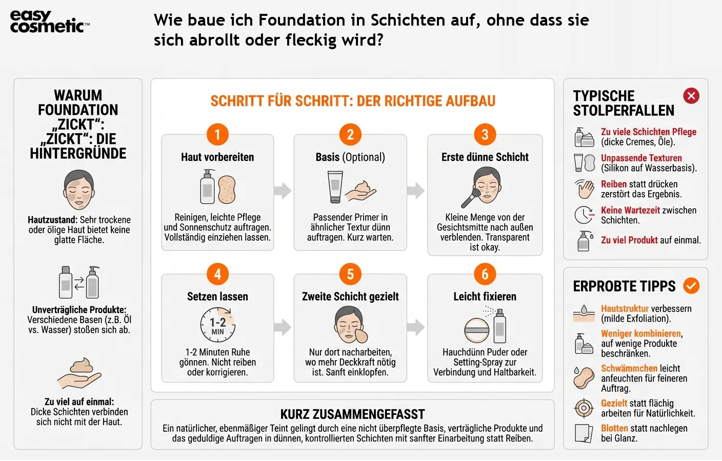 Wie baue ich Foundation in Schichten auf, ohne dass sie sich abrollt oder fleckig wird?