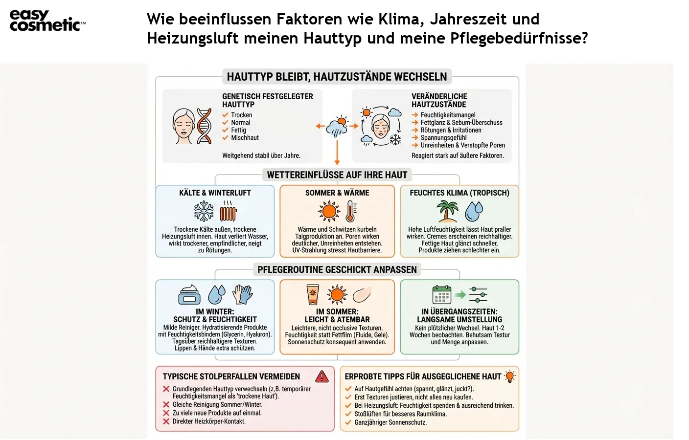 Wie beeinflussen Faktoren wie Klima, Jahreszeit und Heizungsluft meinen Hauttyp und meine Pflegebedürfnisse?