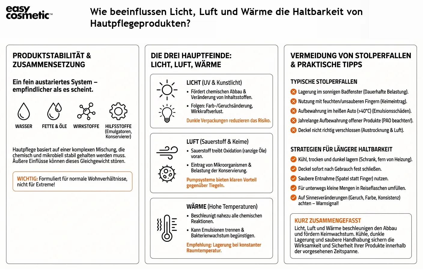 Wie beeinflussen Licht, Luft und Wärme die Haltbarkeit von Hautpflegeprodukten?