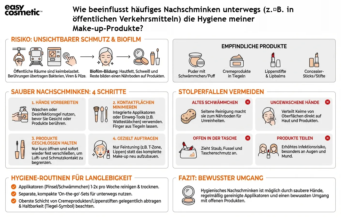 Wie beeinflusst häufiges Nachschminken unterwegs (z. B. in öffentlichen Verkehrsmitteln) die Hygiene meiner Make-up-Produkte?