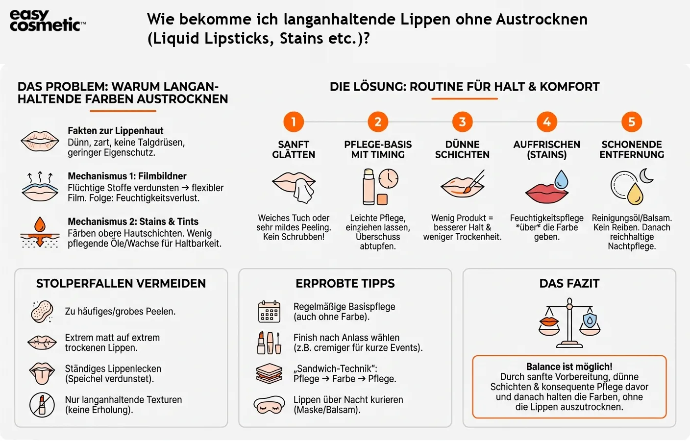 Wie bekomme ich langanhaltende Lippen ohne Austrocknen (Liquid Lipsticks, Stains etc.)?