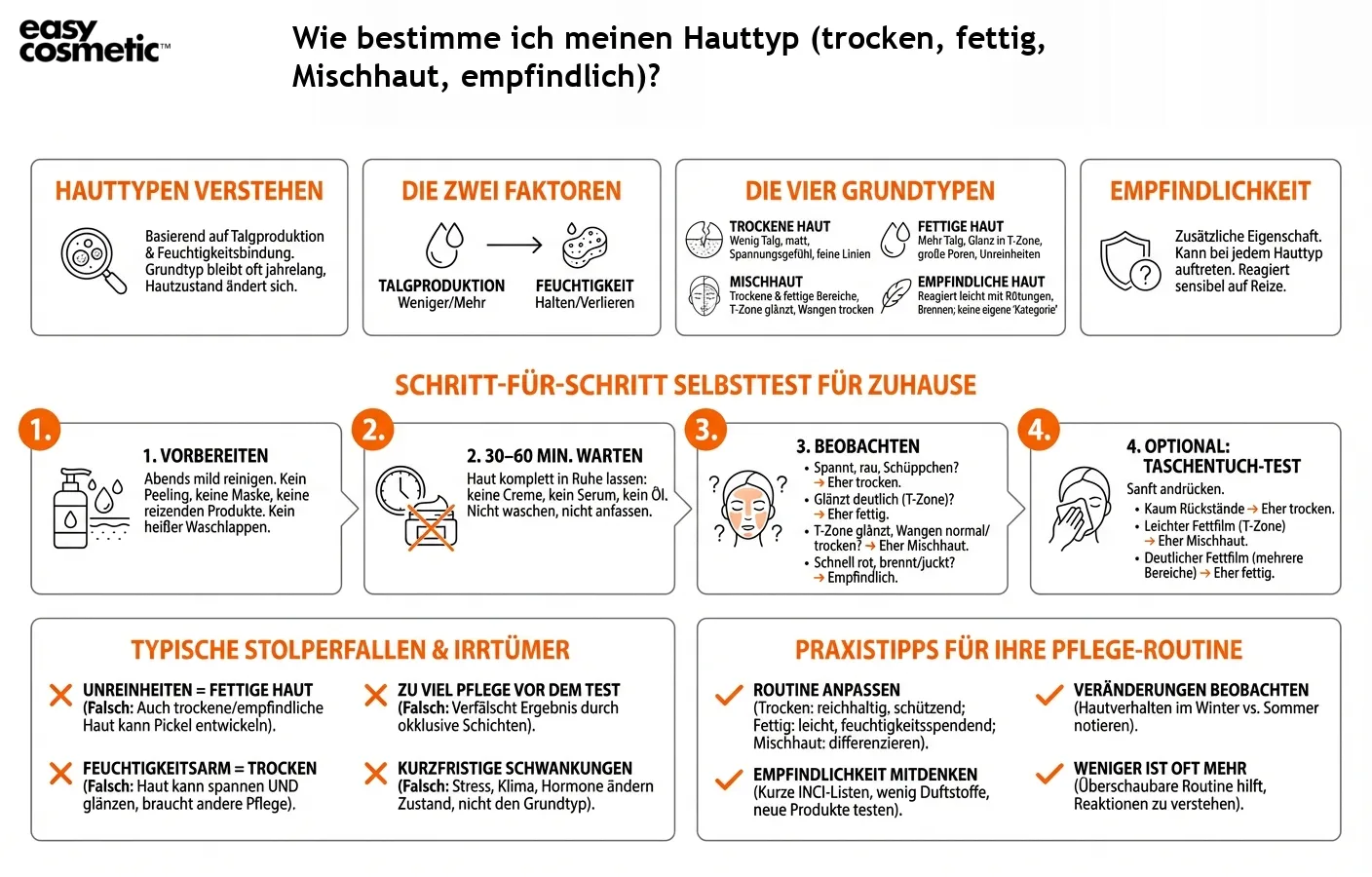 Wie bestimme ich meinen Hauttyp (trocken, fettig, Mischhaut, empfindlich)?