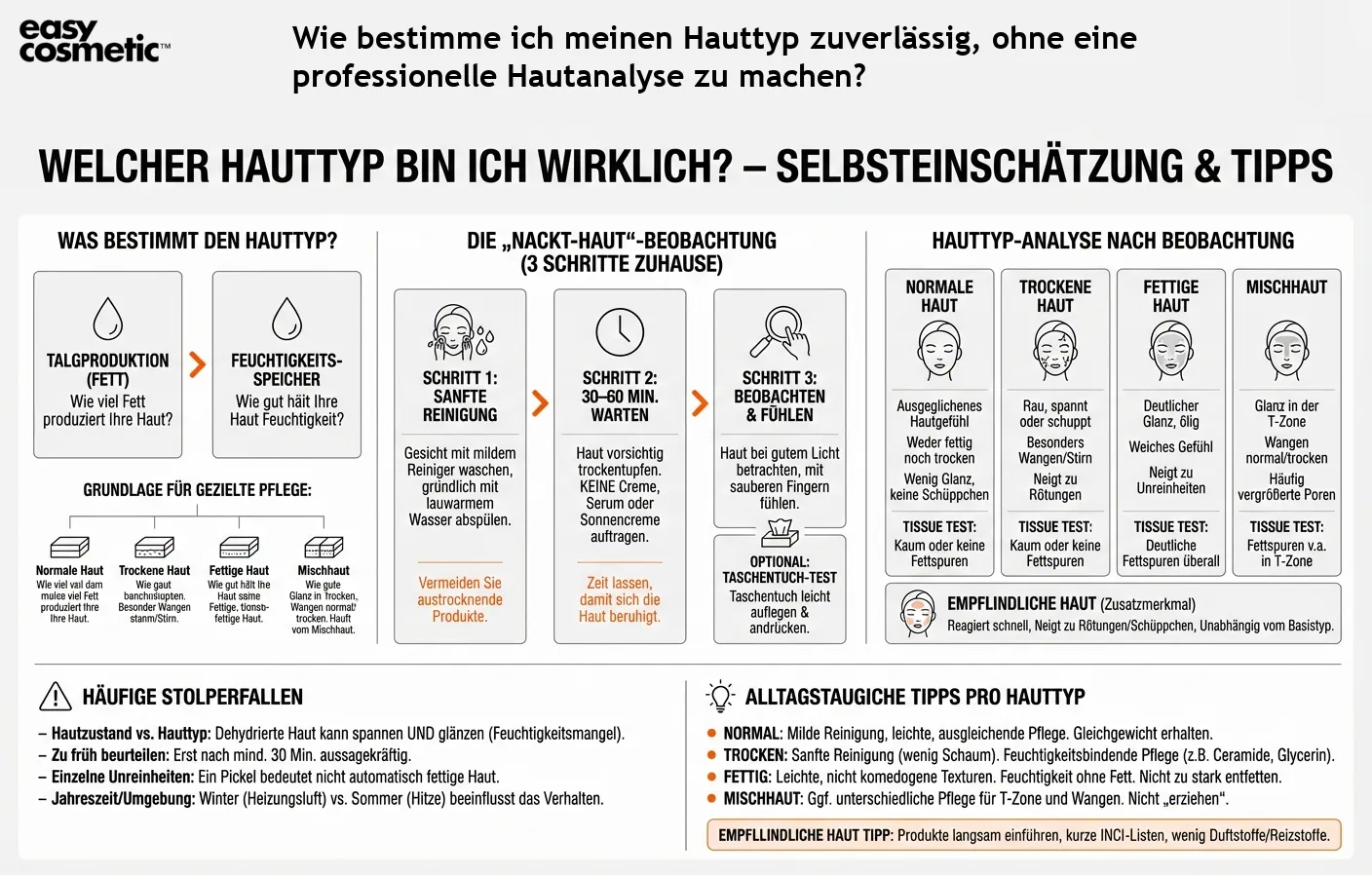 Wie bestimme ich meinen Hauttyp zuverlässig, ohne eine professionelle Hautanalyse zu machen?