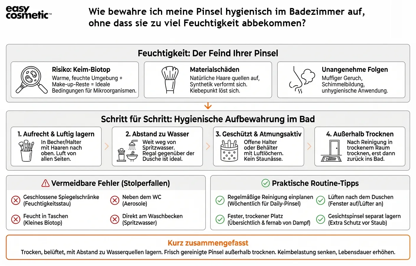 Wie bewahre ich meine Pinsel hygienisch im Badezimmer auf, ohne dass sie zu viel Feuchtigkeit abbekommen?