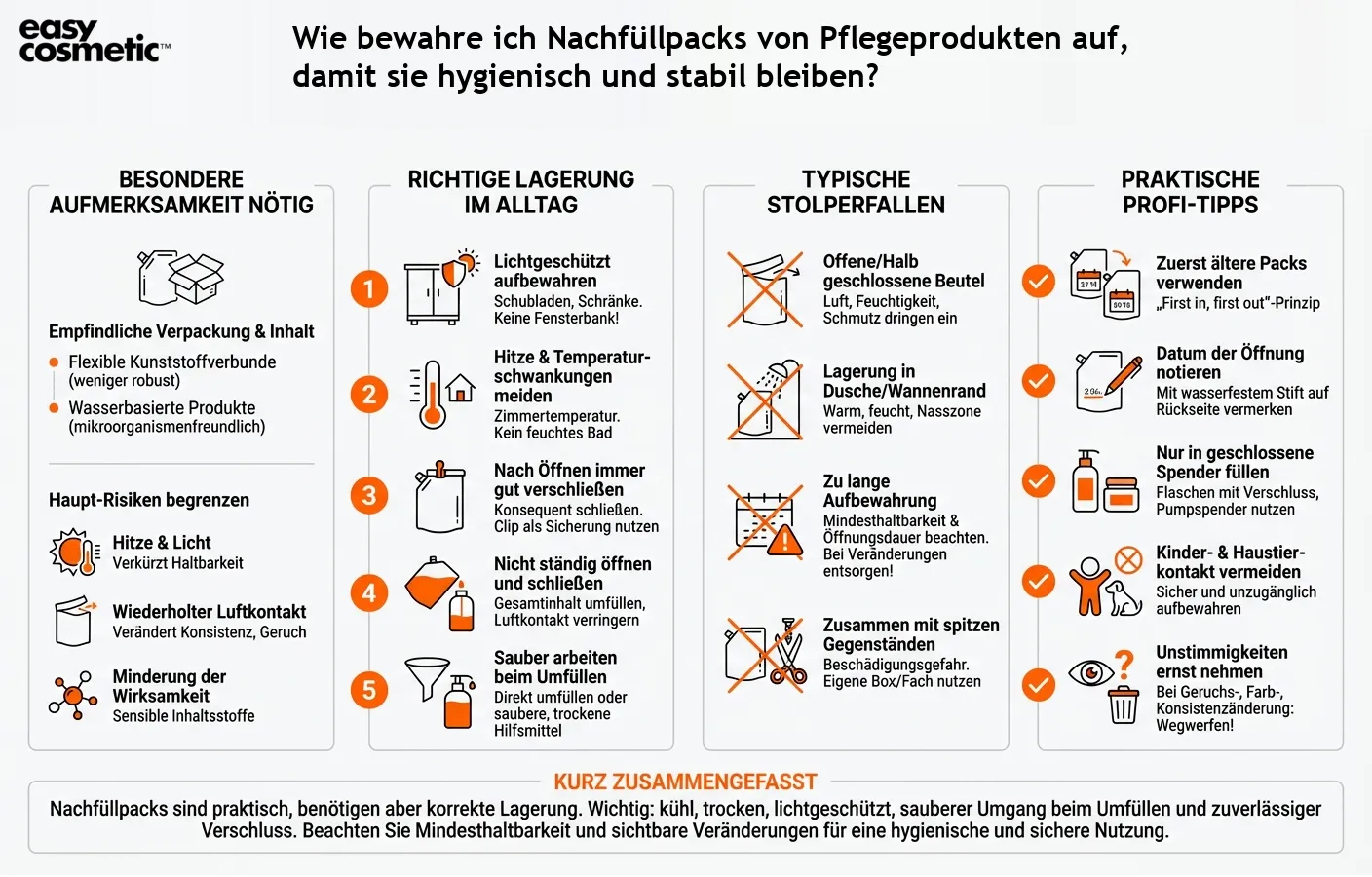 Wie bewahre ich Nachfüllpacks von Pflegeprodukten auf, damit sie hygienisch und stabil bleiben?