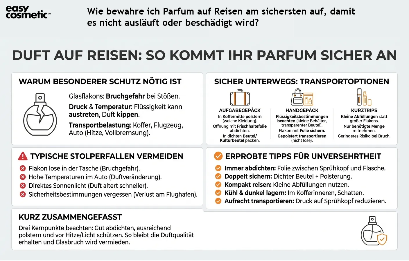 Wie bewahre ich Parfum auf Reisen am sichersten auf, damit es nicht ausläuft oder beschädigt wird?