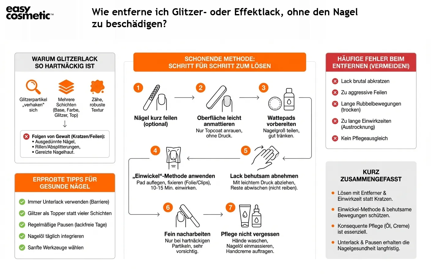 Wie entferne ich Glitzer- oder Effektlack, ohne den Nagel zu beschädigen?
