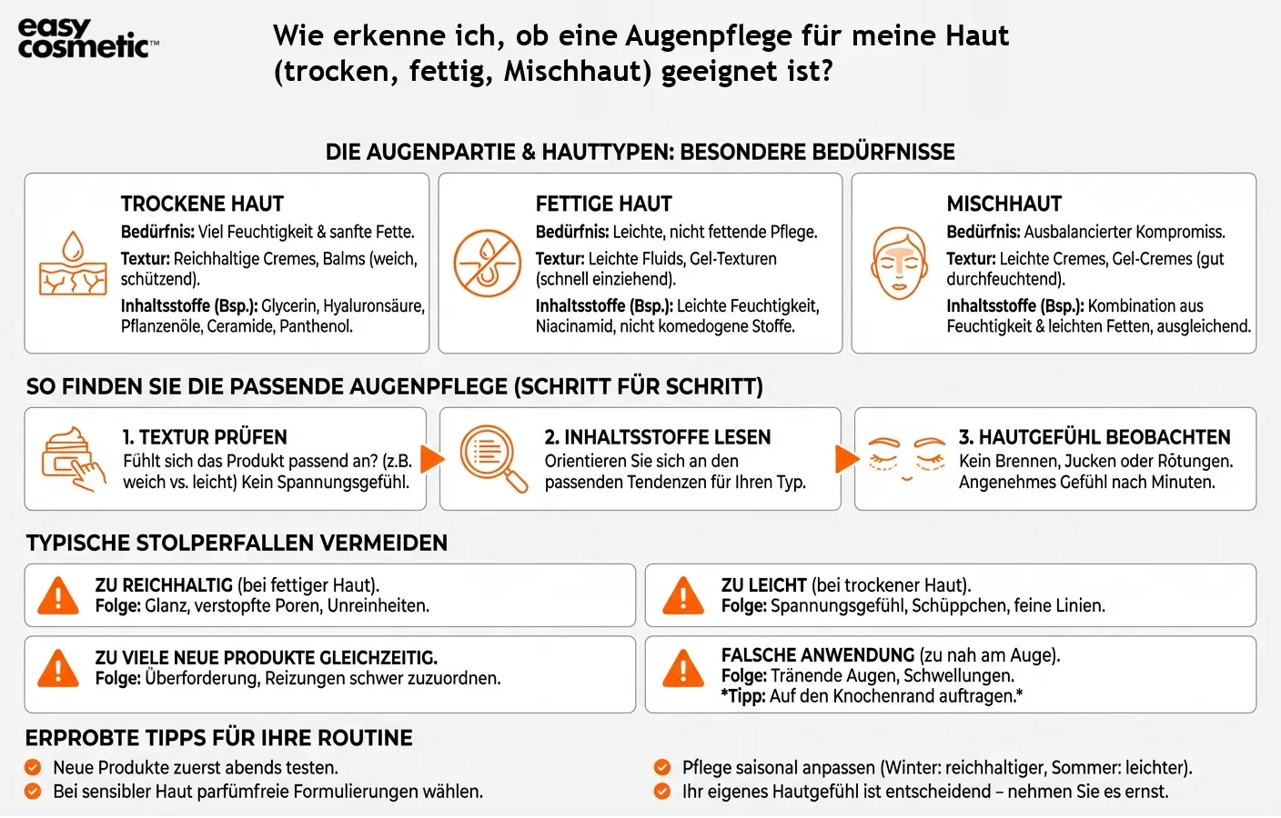 Wie erkenne ich, ob eine Augenpflege für meine Haut (trocken, fettig, Mischhaut) geeignet ist?