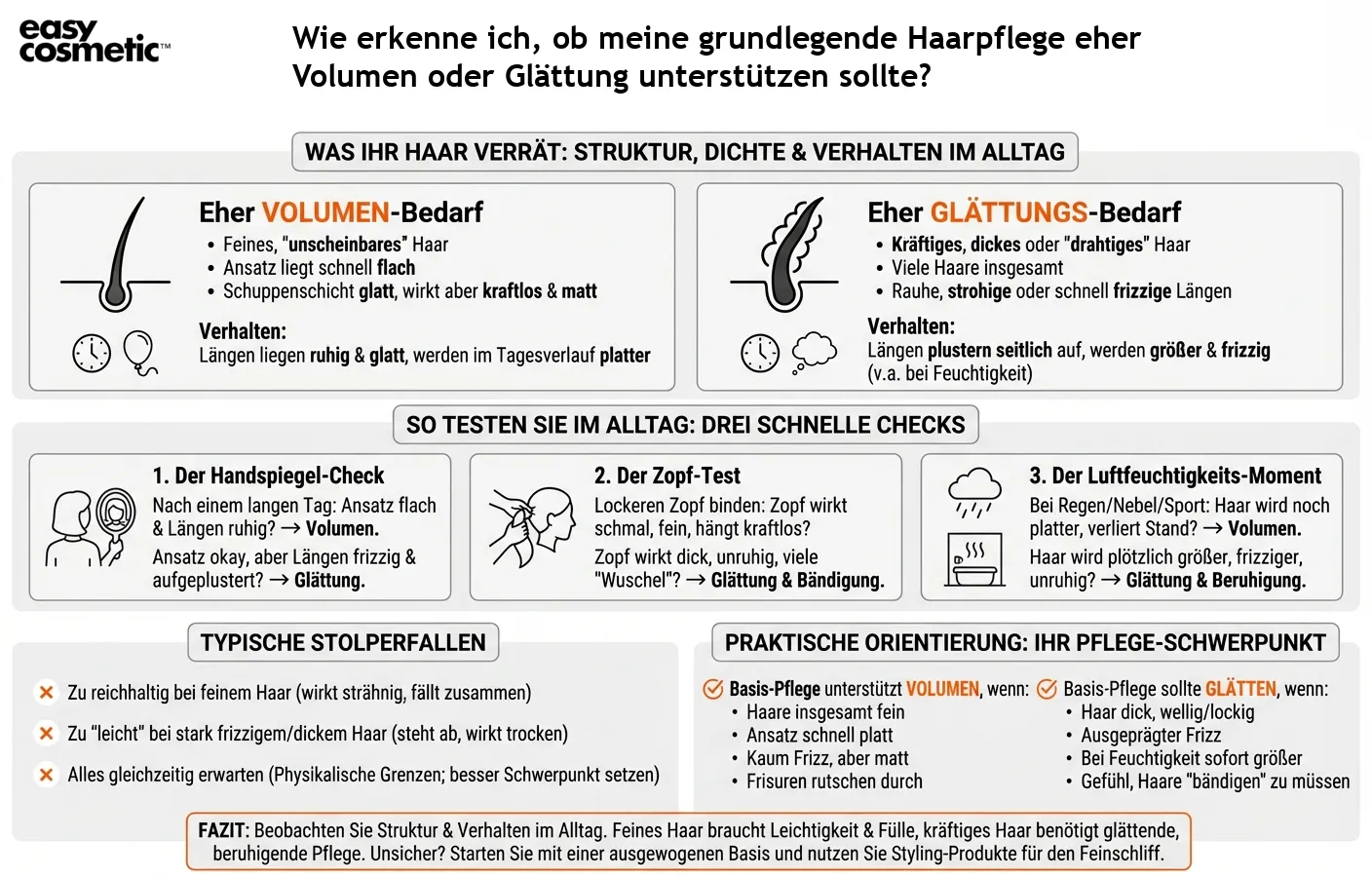 Wie erkenne ich, ob meine grundlegende Haarpflege eher Volumen oder Glättung unterstützen sollte?