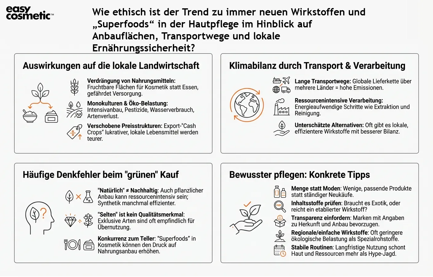 Wie ethisch ist der Trend zu immer neuen Wirkstoffen und „Superfoods“ in der Hautpflege im Hinblick auf Anbauflächen, Transportwege und lokale Ernährungssicherheit?
