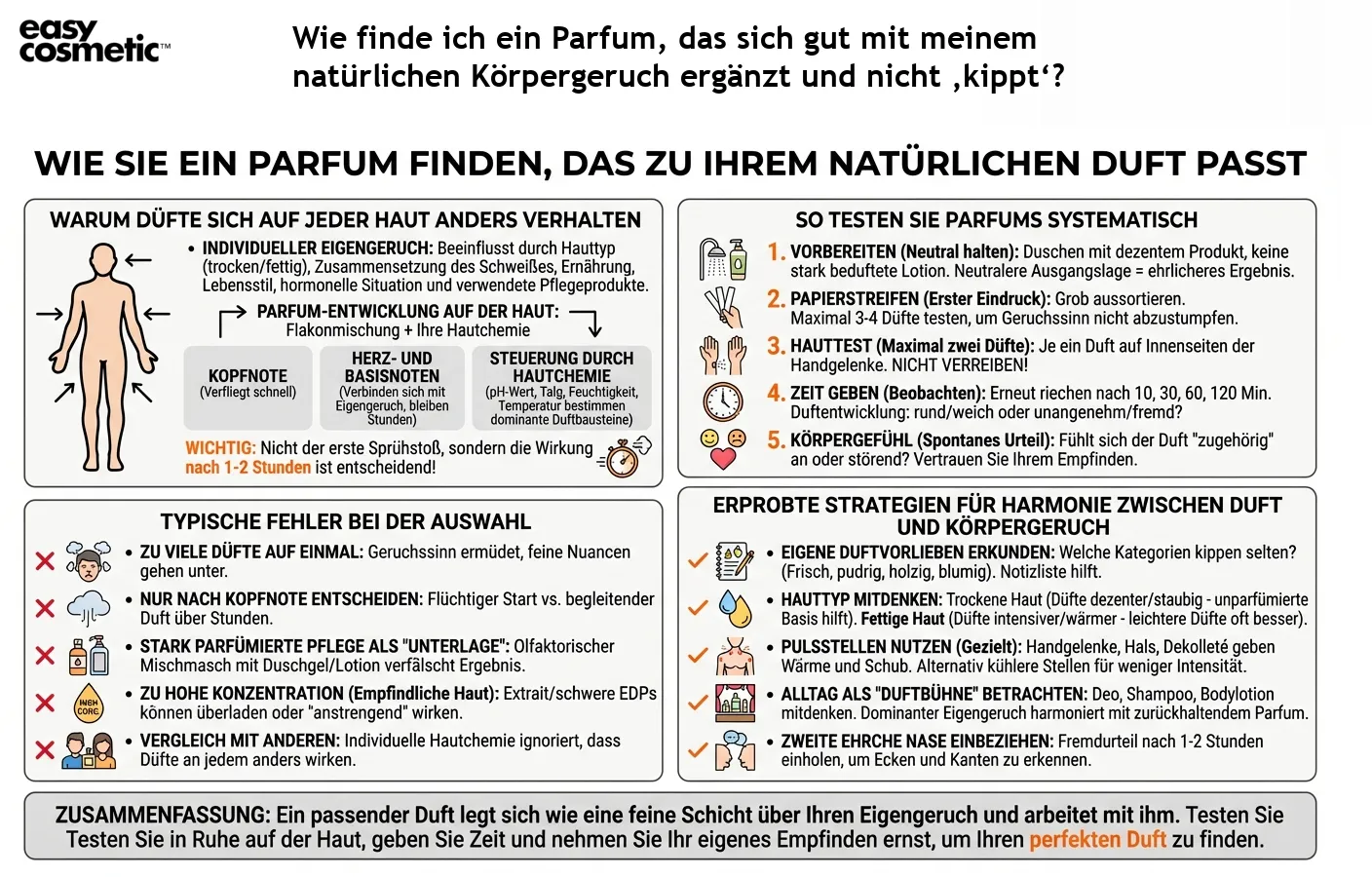 Wie finde ich ein Parfum, das sich gut mit meinem natürlichen Körpergeruch ergänzt und nicht ‚kippt‘?