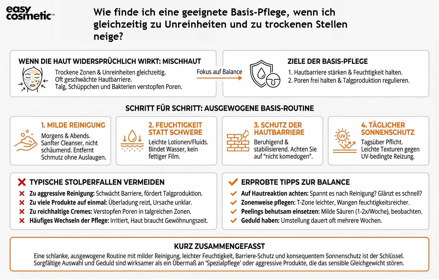 Wie finde ich eine geeignete Basis-Pflege, wenn ich gleichzeitig zu Unreinheiten und zu trockenen Stellen neige?