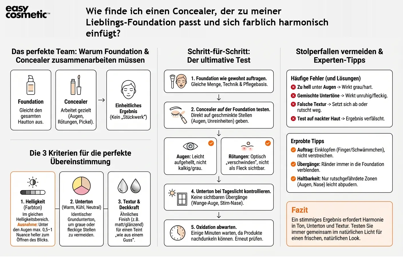 Wie finde ich einen Concealer, der zu meiner Lieblings-Foundation passt und sich farblich harmonisch einfügt?