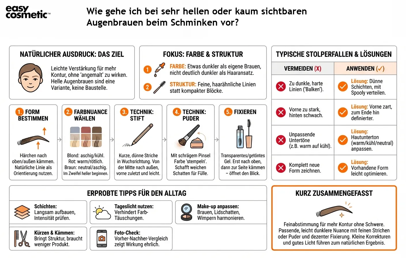 Wie gehe ich bei sehr hellen oder kaum sichtbaren Augenbrauen beim Schminken vor?