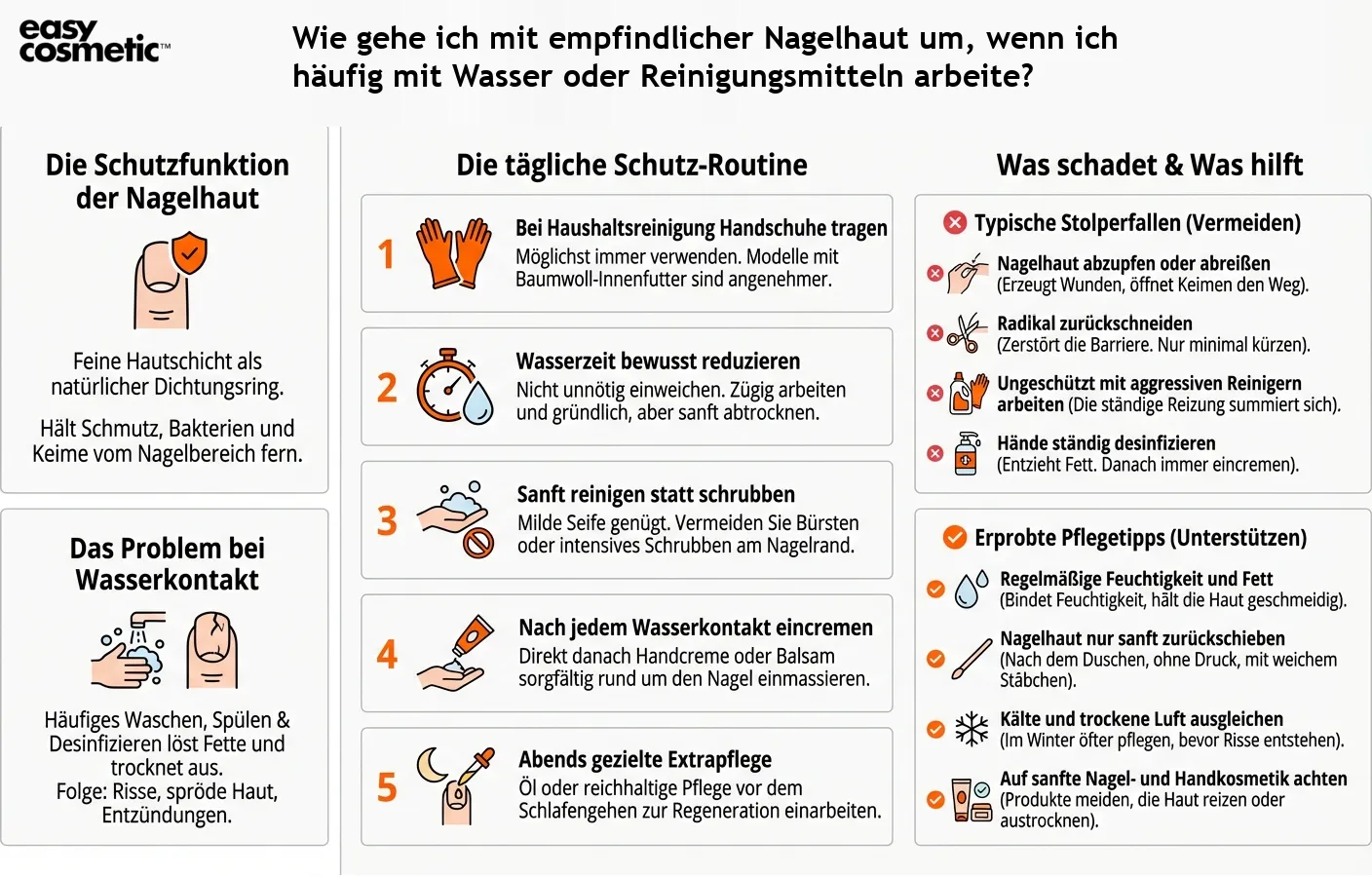 Wie gehe ich mit empfindlicher Nagelhaut um, wenn ich häufig mit Wasser oder Reinigungsmitteln arbeite?