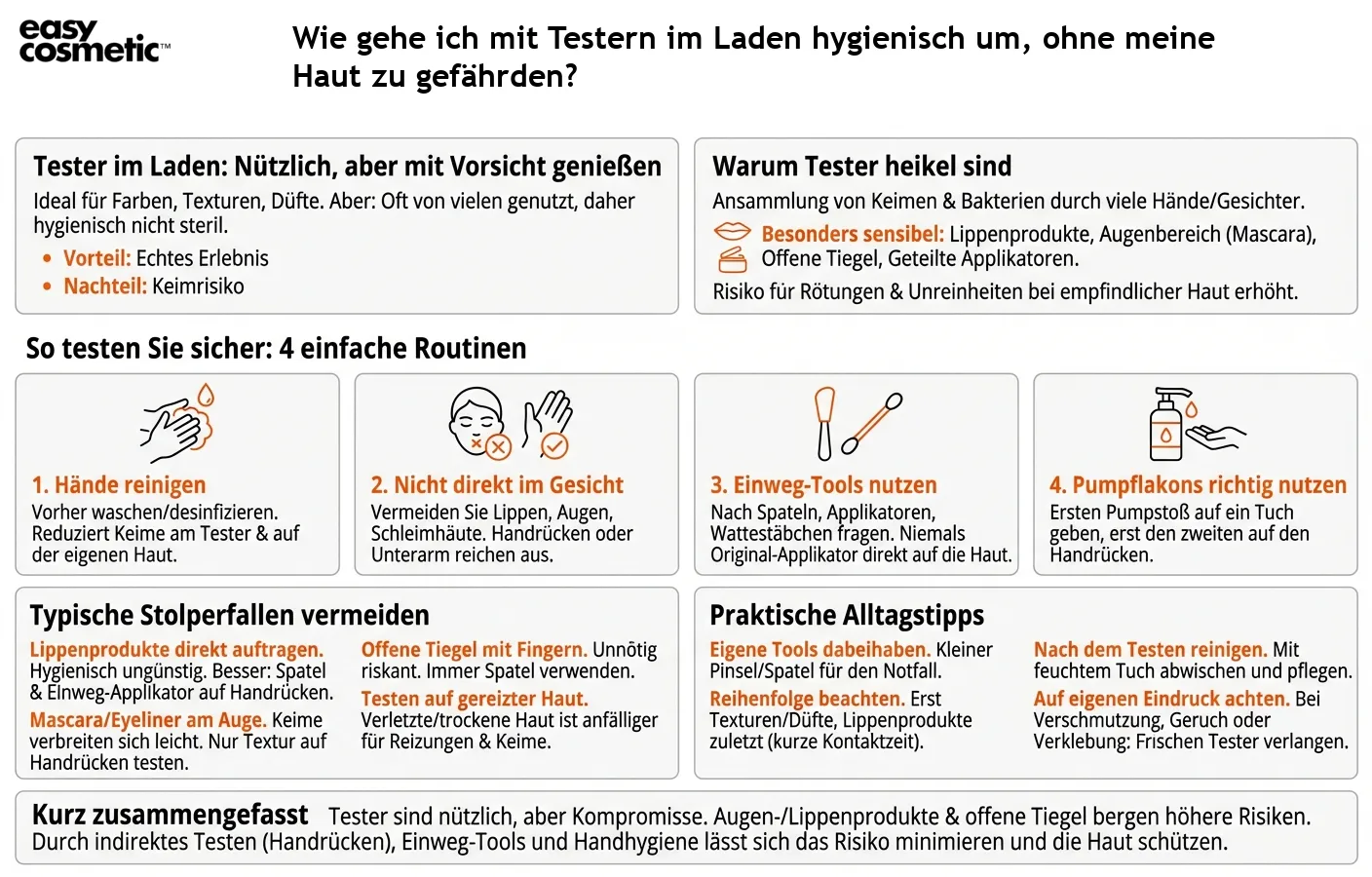 Wie gehe ich mit Testern im Laden hygienisch um, ohne meine Haut zu gefährden?