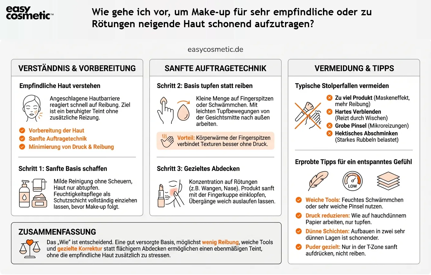 Wie gehe ich vor, um Make-up für sehr empfindliche oder zu Rötungen neigende Haut schonend aufzutragen?