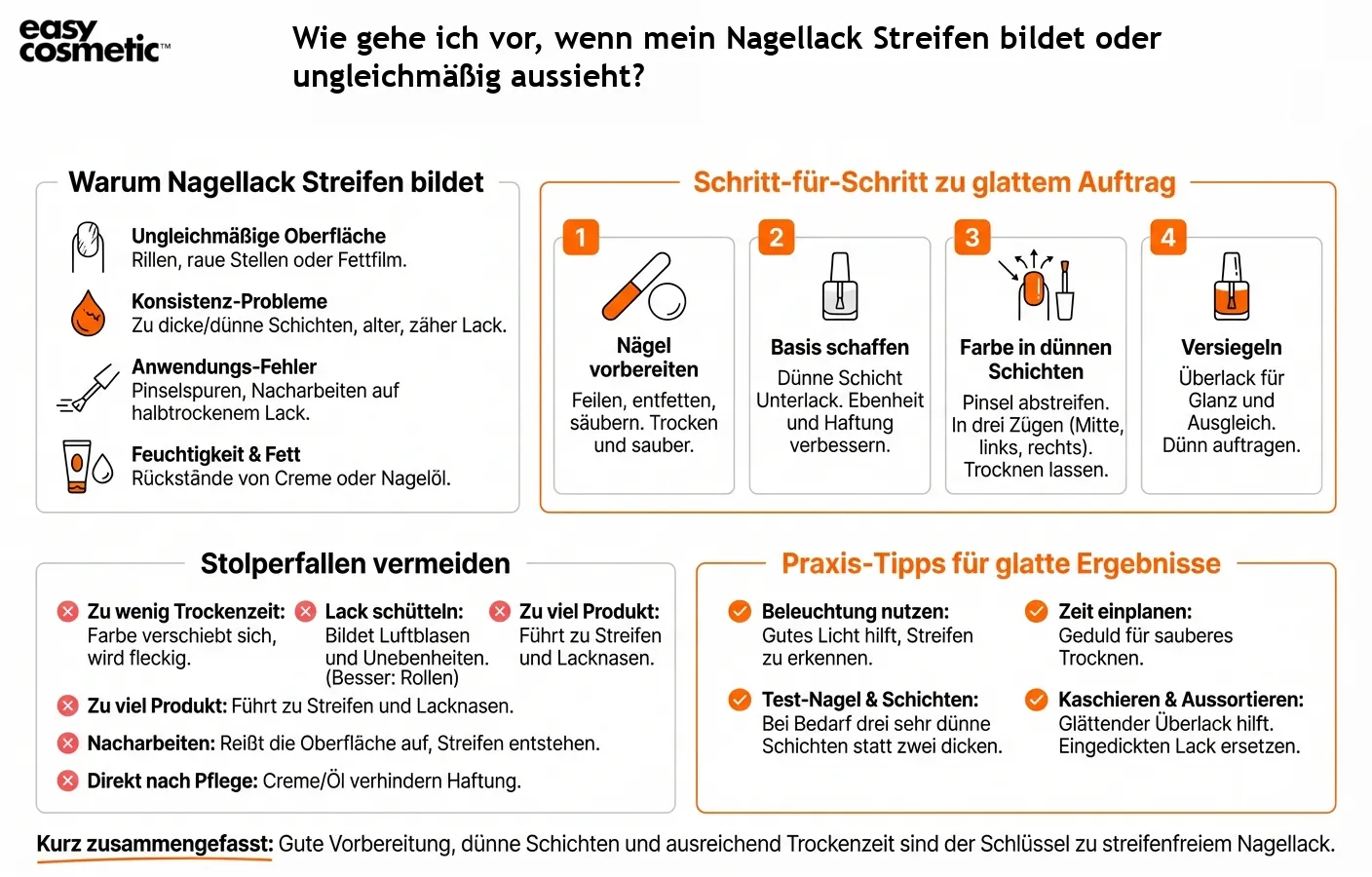 Wie gehe ich vor, wenn mein Nagellack Streifen bildet oder ungleichmäßig aussieht?