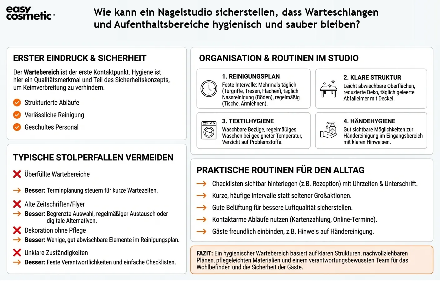 Wie kann ein Nagelstudio sicherstellen, dass Warteschlangen und Aufenthaltsbereiche hygienisch und sauber bleiben?