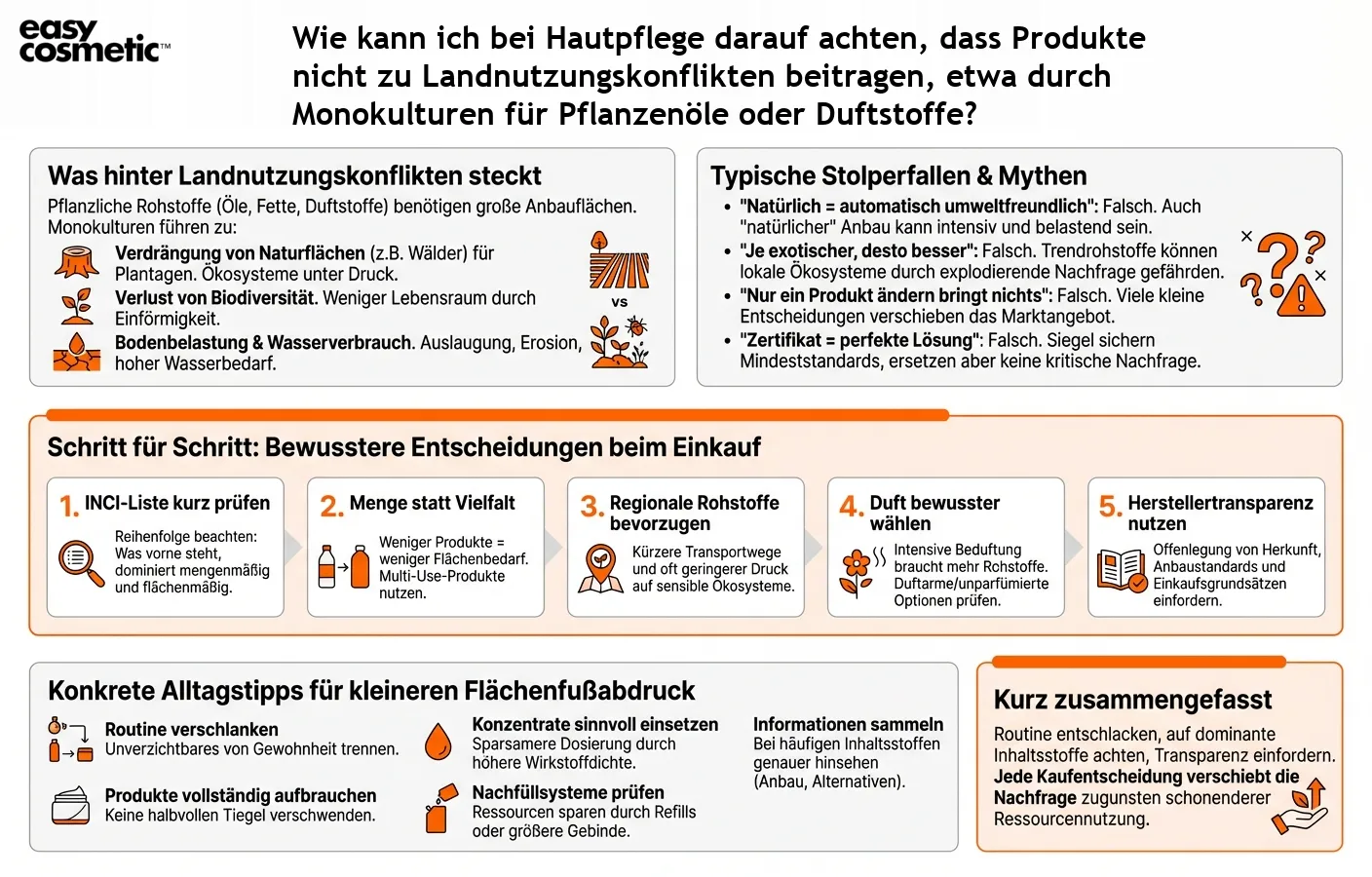 Wie kann ich bei Hautpflege darauf achten, dass Produkte nicht zu Landnutzungskonflikten beitragen, etwa durch Monokulturen für Pflanzenöle oder Duftstoffe?