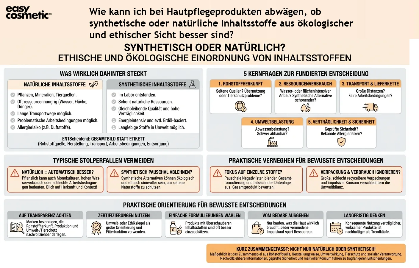 Wie kann ich bei Hautpflegeprodukten abwägen, ob synthetische oder natürliche Inhaltsstoffe aus ökologischer und ethischer Sicht besser sind?