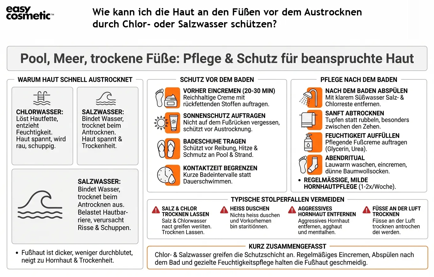 Wie kann ich die Haut an den Füßen vor dem Austrocknen durch Chlor- oder Salzwasser schützen?