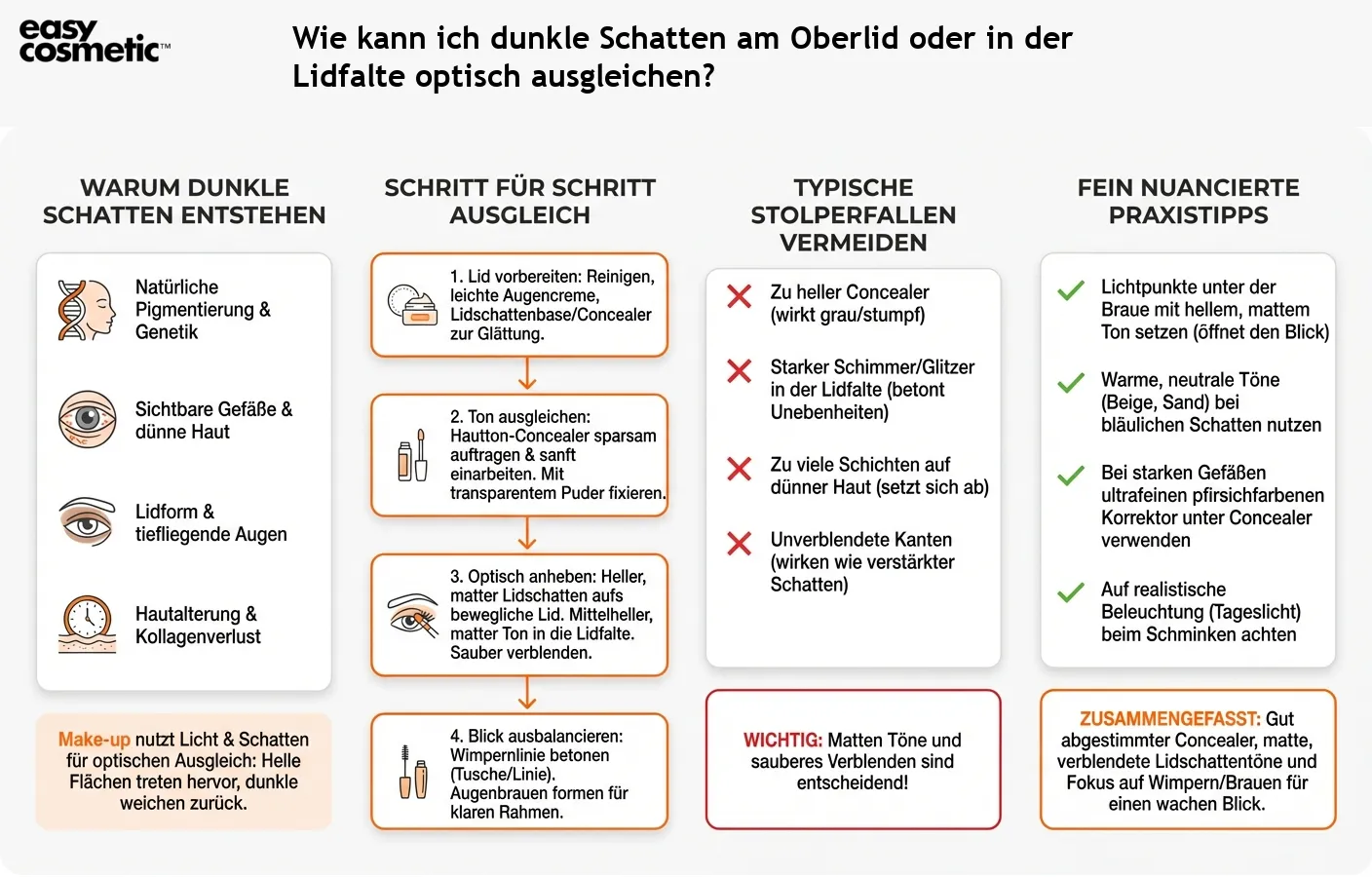 Wie kann ich dunkle Schatten am Oberlid oder in der Lidfalte optisch ausgleichen?