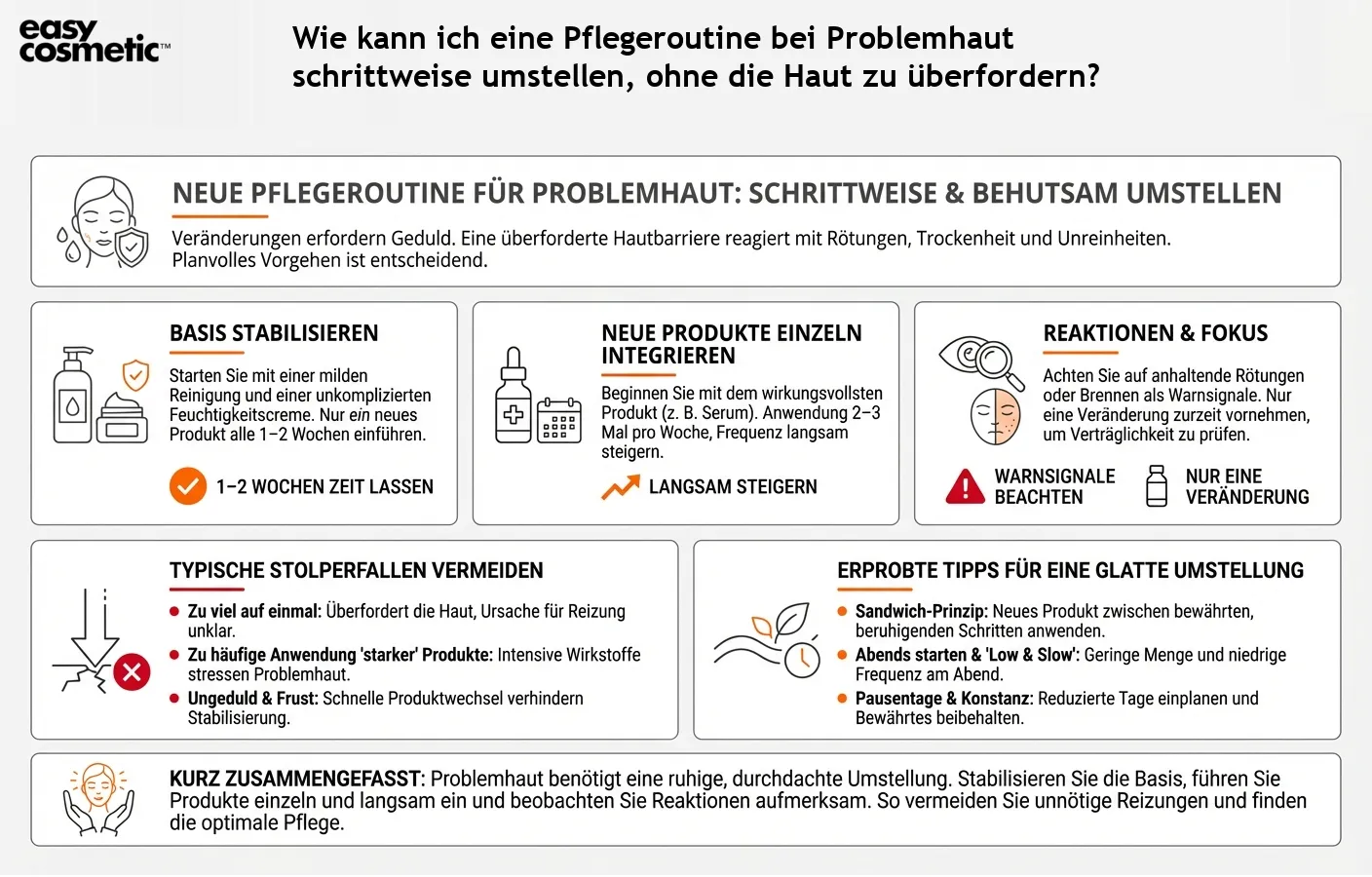 Wie kann ich eine Pflegeroutine bei Problemhaut schrittweise umstellen, ohne die Haut zu überfordern?