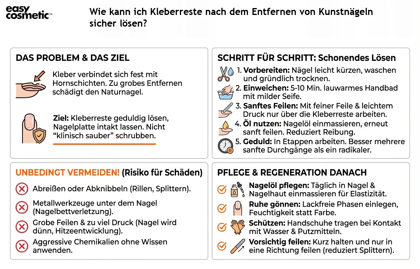 Wie kann ich Kleberreste nach dem Entfernen von Kunstnägeln sicher lösen?