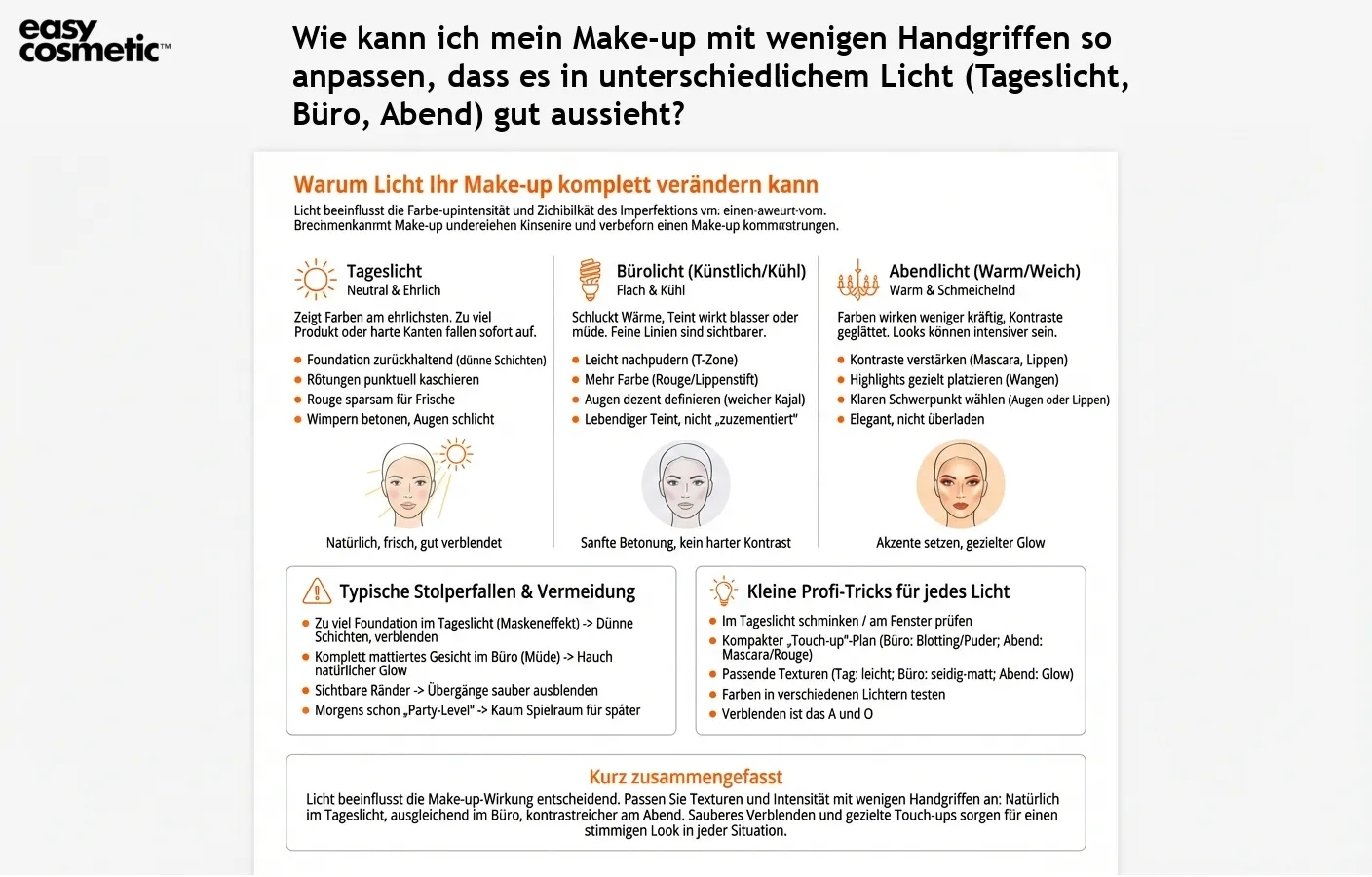 Wie kann ich mein Make-up mit wenigen Handgriffen so anpassen, dass es in unterschiedlichem Licht (Tageslicht, Büro, Abend) gut aussieht?
