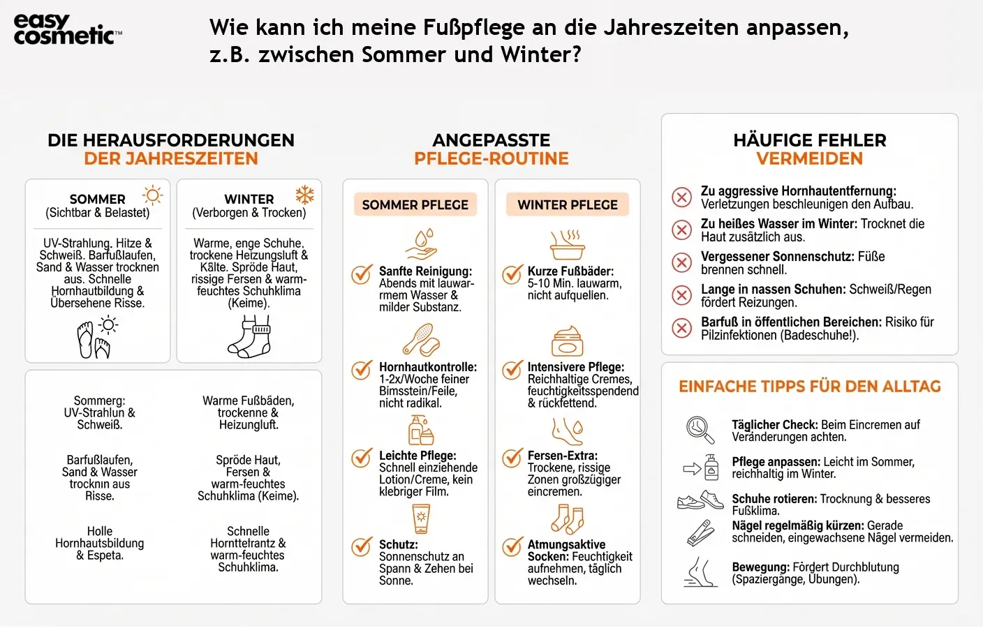 Wie kann ich meine Fußpflege an die Jahreszeiten anpassen, z.B. zwischen Sommer und Winter?